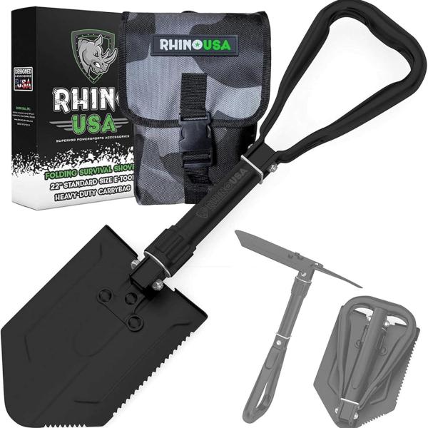 RHINO USA Folding Survival Shovel w/Pick - Heavy Duty Carbon Steel Military Style Entrenching Tool for Off Road, Camping, Gardening, Beach, Digging Dirt, Sand