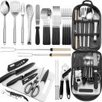 Portable Camping Kitchen Utensil Set-27 Piece Cookware Kit, Stainless Steel Outdoor Cooking and Grilling Utensil Organizer Travel Set Perfect for Travel, Picnics, RVs, Camping