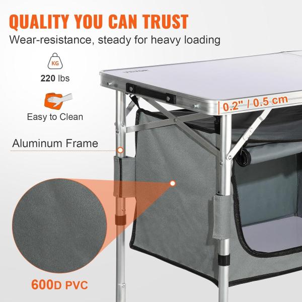 VEVOR Camping Kitchen Station, 3 Adjustable Height Folding Outdoor Camp Cooking Table with Storage Organizer, Quick Set-up for Patio BBQ Picnic Glamping Traveling