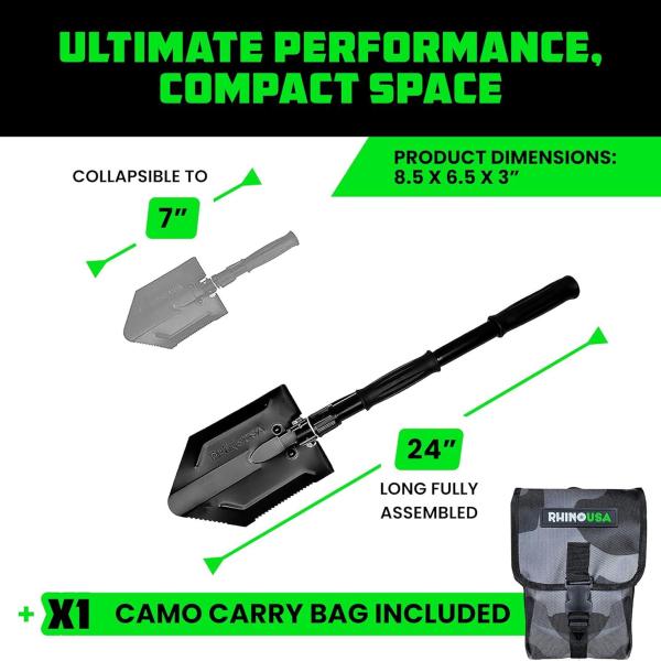 Rhino USA Survival Shovel w/Pick - Heavy Duty Carbon Steel Military Style Entrenching Tool for Off Road, Camping, Gardening, Beach, Digging Dirt, Sand, Mud & Snow.