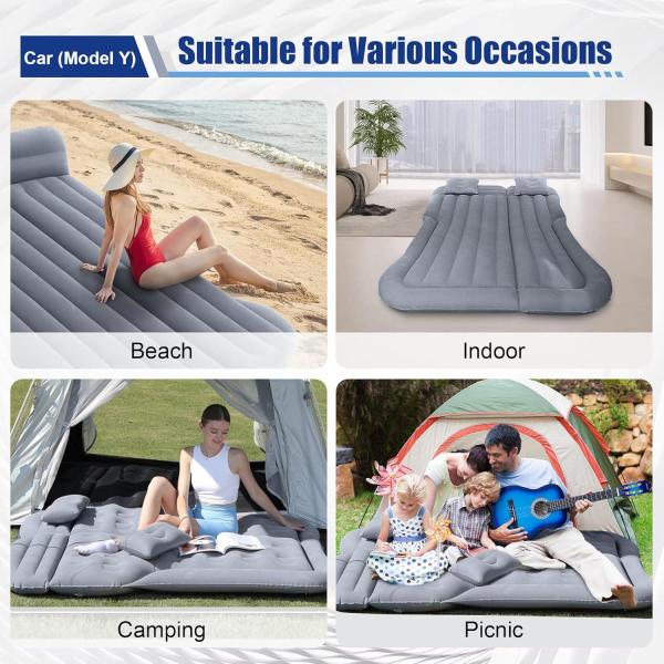 Tesla Model Y Air Mattress Bed Inflatable Camping Bed Air Mattress for Model Y, Portable Flocking Surface Car Air Cushion with Air Pump, 2 Pillows, 2 Piers, Storage Bag