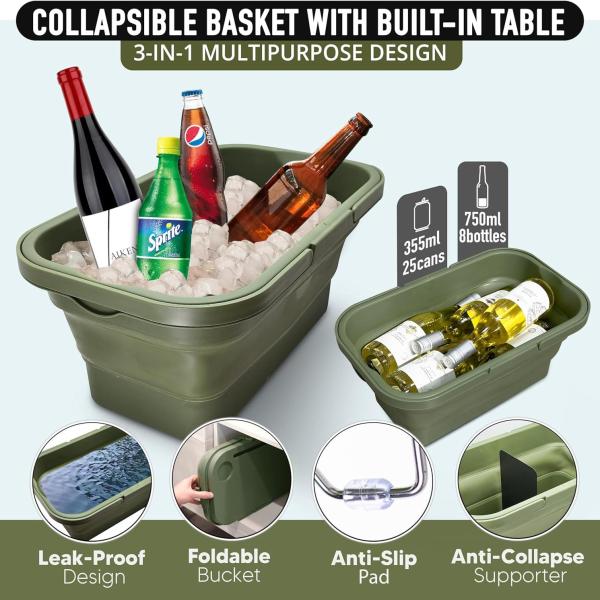 Collapsible Basket with Built-in Table, 17Qt Leak-Proof Foldable Bucket, Anti-Slip Pad, Anti-Collapse Supporter,  Camping, Fishing, Car Organizer, Wash, Green