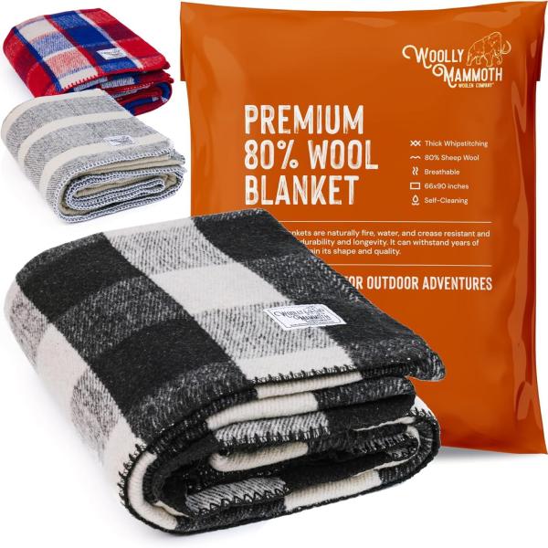 Woolly Mammoth Merino Wool Blanket- 66" x 90" 4 lbs Thick, Outdoor/Indoor Throw for Campfire, Picnic, Beach, Van Life, Home, Army-  Black/Cream