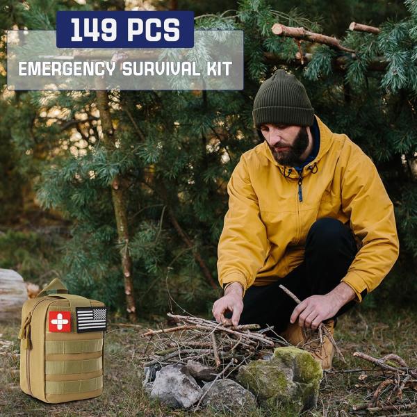 Survival Kits, 149Pcs Survival Gear First Aid Kit IFAK with Molle System Essential Camping Gear Emergency Medical Supplies for Car Fishing Hunting Outdoor Adventure