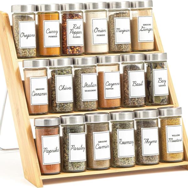 Orii Bamboo 18-Jar Compact Spice Organizer with Filled Spices Space-Saving & Stylish Kitchen Solution