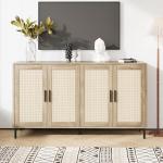 Mid Century Modern Rattan Sideboard Buffet Cabinet 4 Door Storage Cabinet with Adjustable Shelf