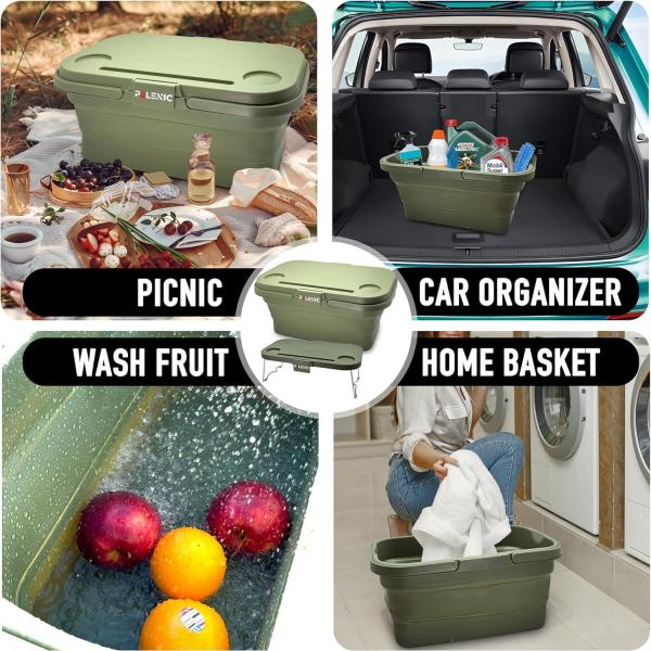 Collapsible Basket with Built-in Table, 17Qt Leak-Proof Foldable Bucket, Anti-Slip Pad, Anti-Collapse Supporter,  Camping, Fishing, Car Organizer, Wash, Green