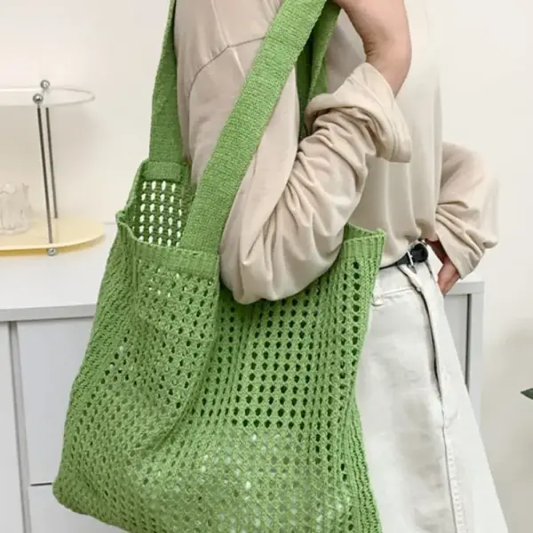 Women's Eco-Friendly Lightweight Stylish Green Openwork Cotton Tote Bag