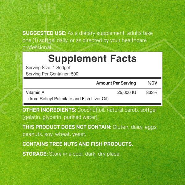 High Potency Vitamin A 25,000 IU Softgels with Coconut Oil 500 Count