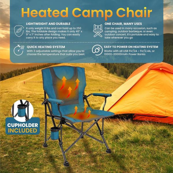 Backyard Expressions Luxury Heated Portable Camp Chair - Blue/Grey - Great for Camping, Sports and The Beach