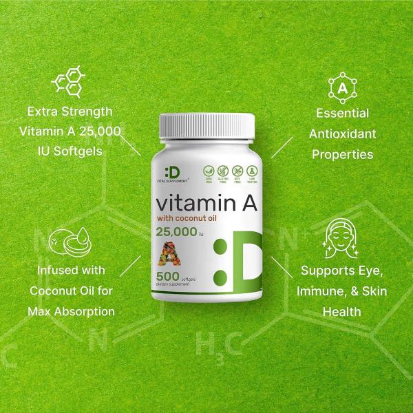 High Potency Vitamin A 25,000 IU Softgels with Coconut Oil 500 Count