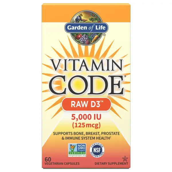 Garden of Life Vitamin Code RAW Vitamin D3 5,000 IU 125 mcg Whole Food Supplement with Probiotics & Enzymes 60 Vegetarian Capsules