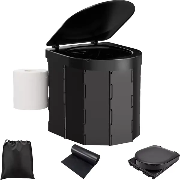 Portable Camping Toilet Folding Toilet for Adults with Lid, Retractable Toilet Paper Holder, Waterproof Porta Potty, and Carry Bag